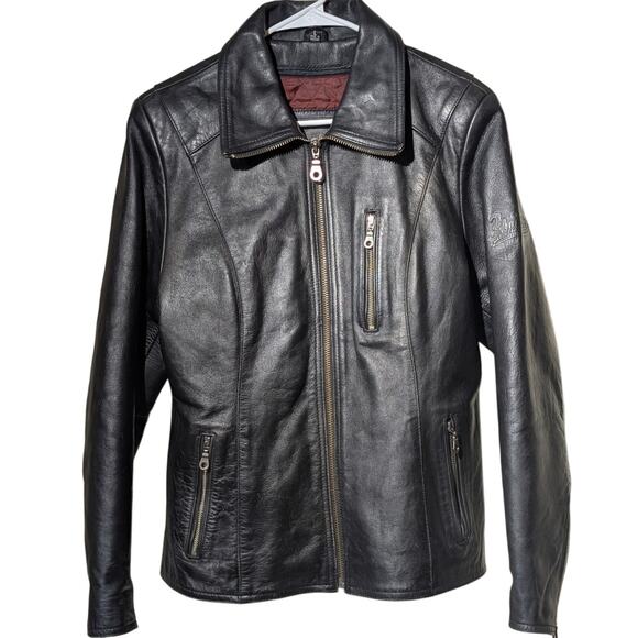FLYING BIKES Oakwood NY Chapter Leather Zip Front Motorcycle Jacket Womens L - Picture 1 of 15